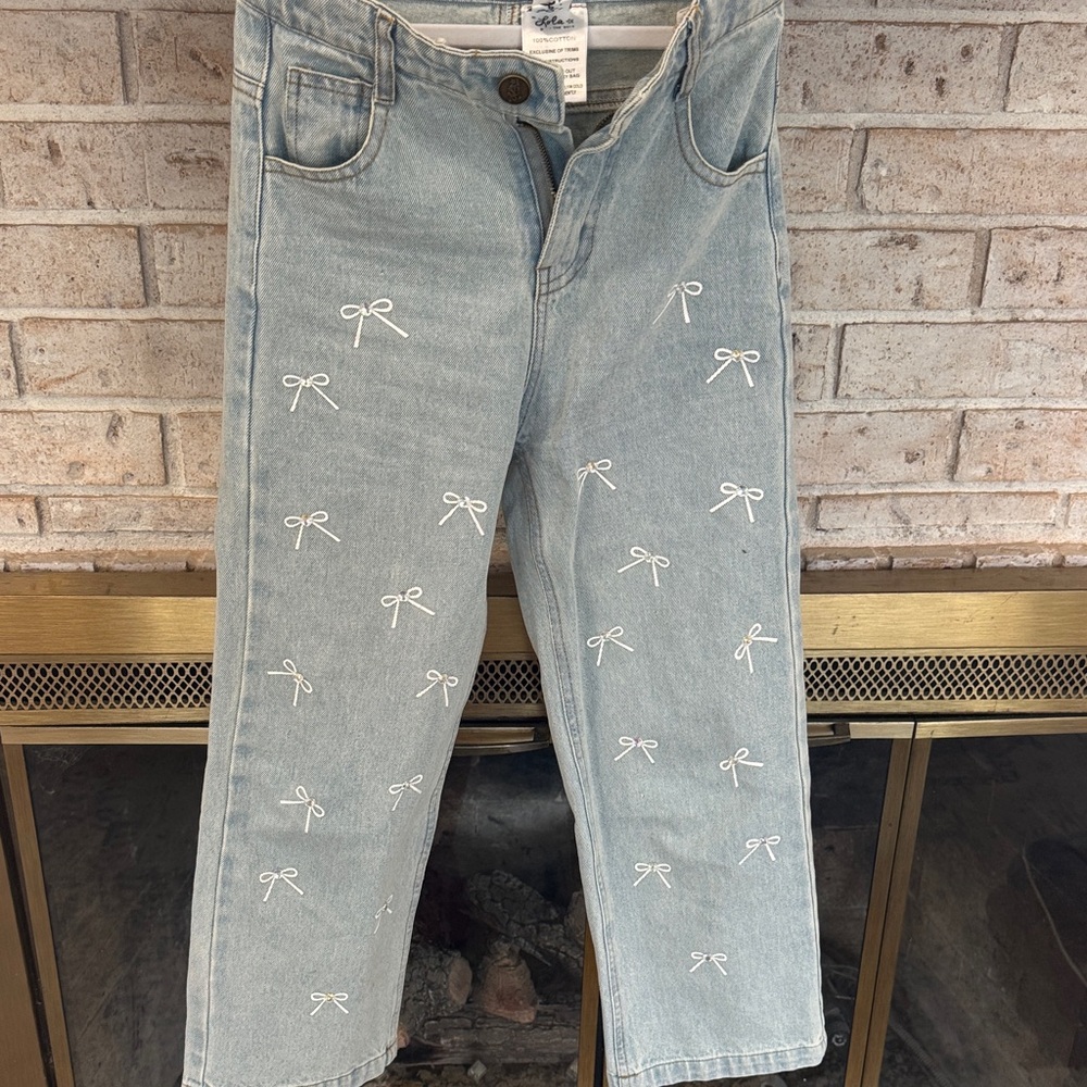 Kids Light Blue Jeans with White Bow Embroidery
